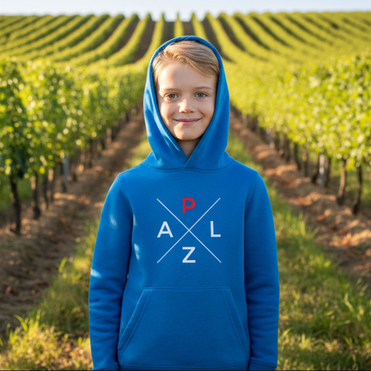 PALZ Premium Kinderhoodie in Blau mit edlem PALZ Logo-Print auf der Brust – Gemütlicher Pfälzer Kapuzenpullover für Jungen und Mädchen.