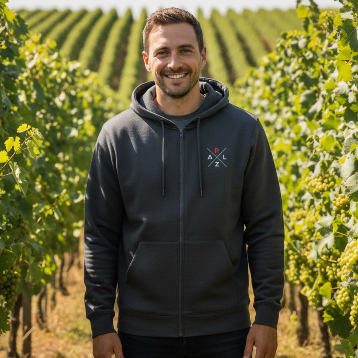 PALZ Premium Zip-Hoodie aus formstabiler Bio-Baumwolle mit robustem Metall-Reißverschluss in der Farbe Anthrazit.