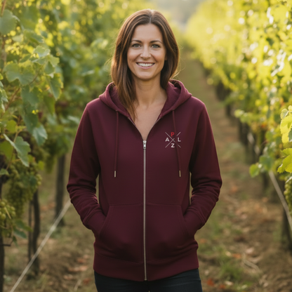 nroter PALZ Premium Zipper aus Bio-Baumwolle mit farblich abgestimmten Kordeln und Metallösen.