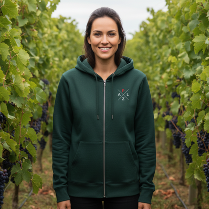 Grüner PALZ Premium Zipper aus schwerer 350 g/m² Sweatware mit dezentem Pfälzer Stick.