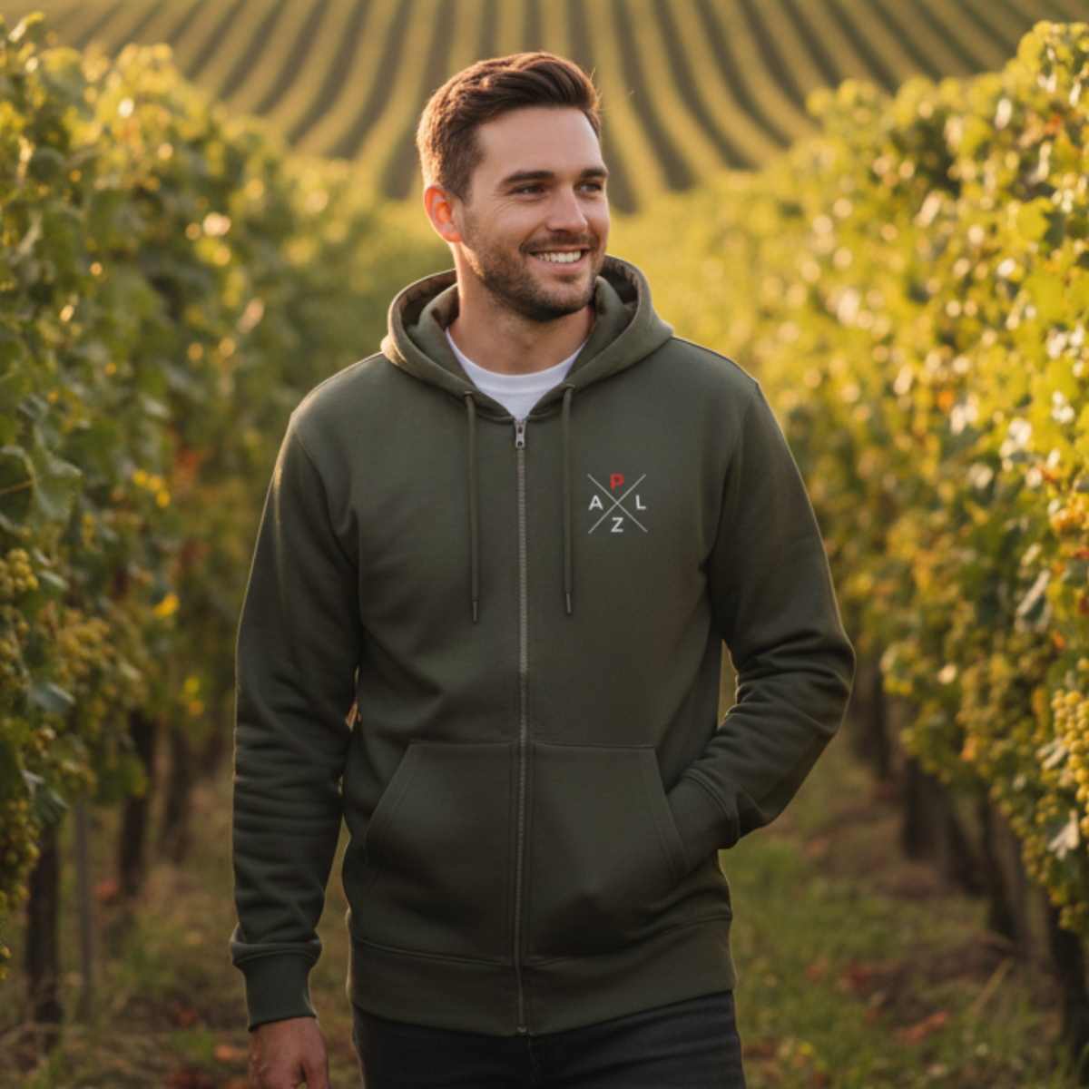 Lässiger PALZ Unisex Zipper in Khaki – die perfekte, nachhaltige Kapuzenjacke für den Ausflug in den Pfälzerwald.