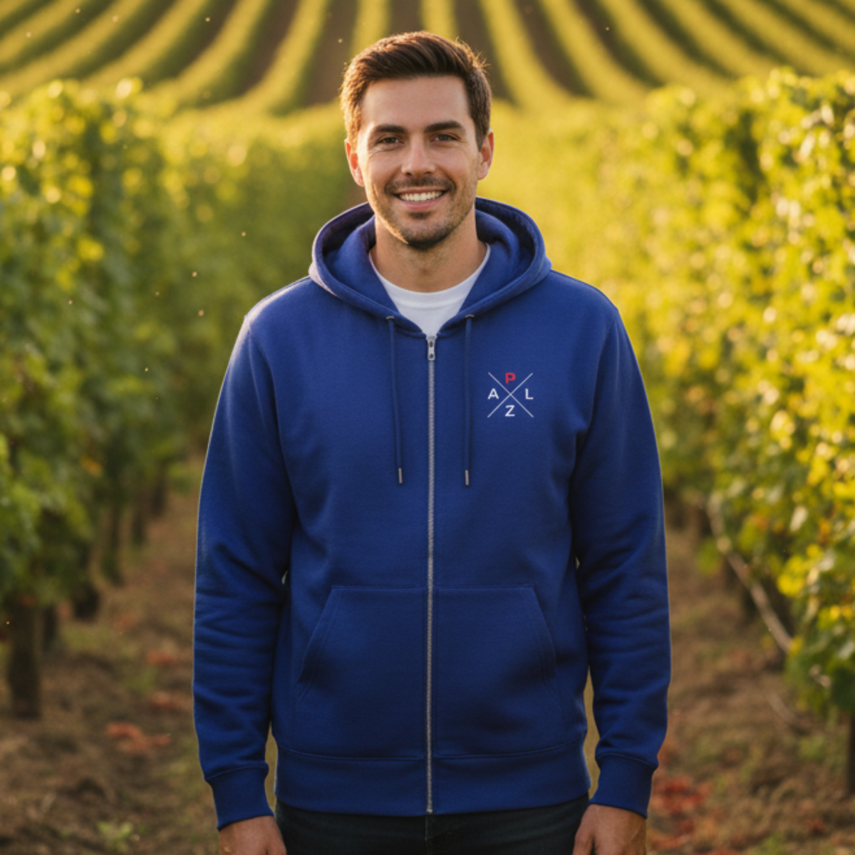 Moderner PALZ Unisex Zip-Hoodie in Workerblue – auffällige und hochwertige Pfälzer Kleidung für Alltag und Freizeit.